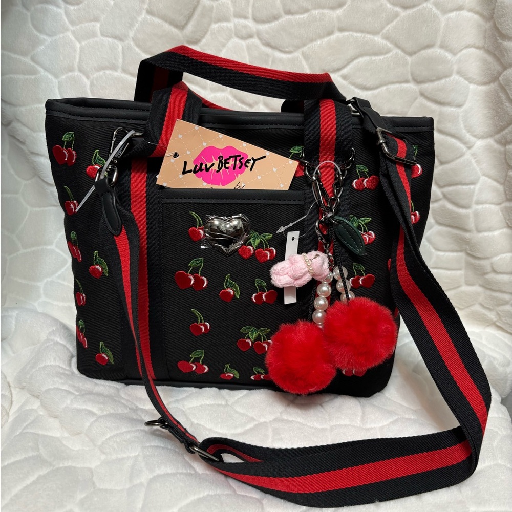 Betsey Johnson Cherry Embroidered Black Tote Bag with Cherry & teddy Charm - Picture 8 of 8